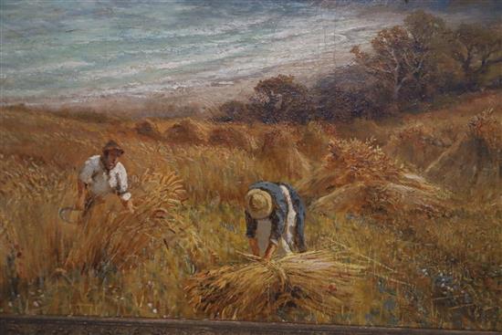 Alfred Augustus Glendening (1861-1907) Harvesters in a clifftop cornfield 15.5 x 29.5in.